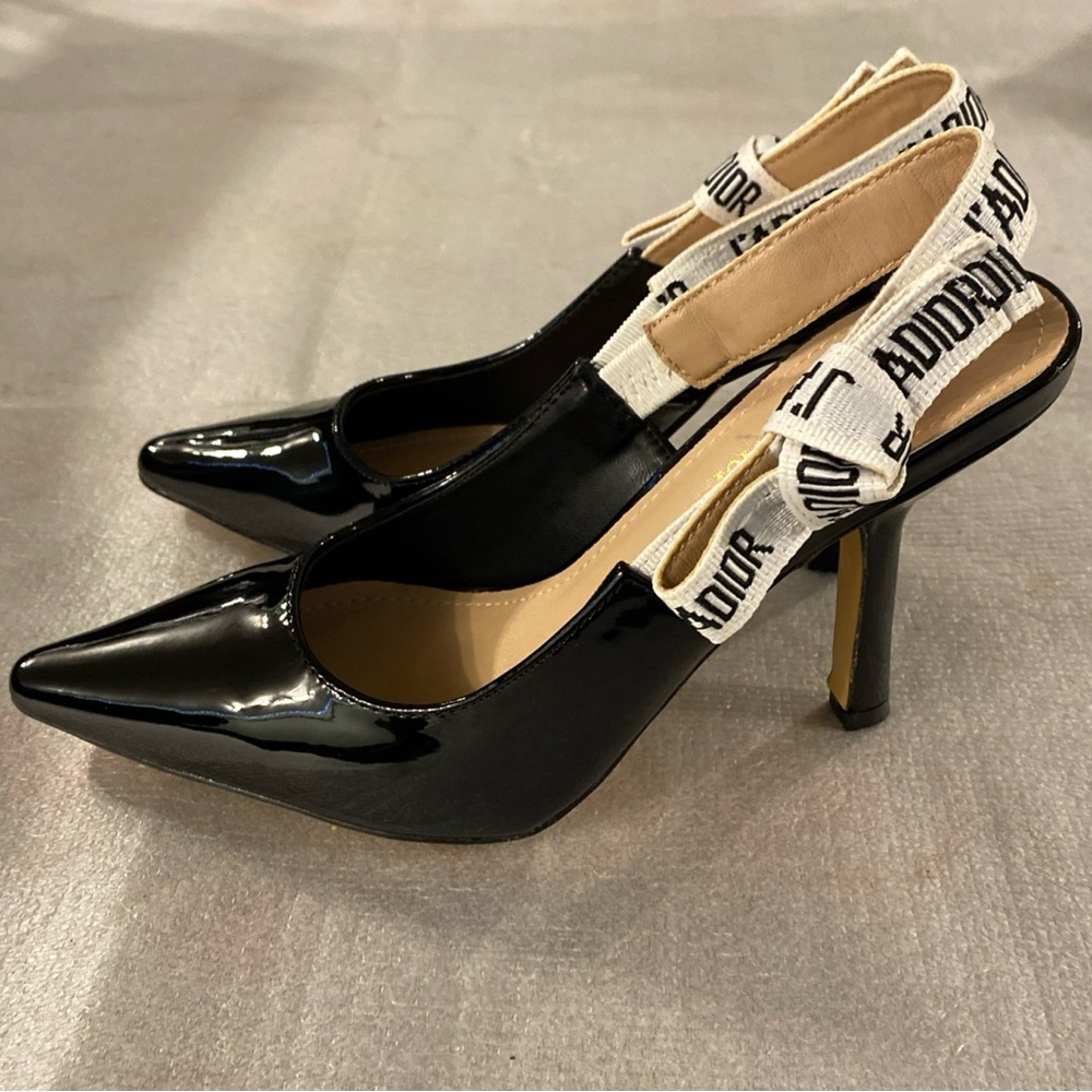 Dior Black Patent Leather Pointed Slingback Heels with White Logo Strap